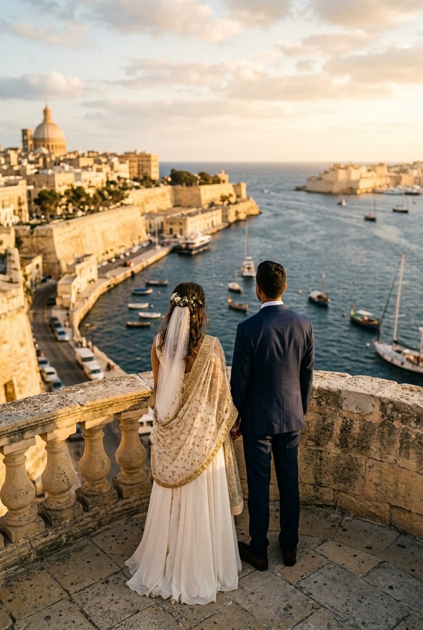 A couple at golden hour overlooking a Maltese harbour