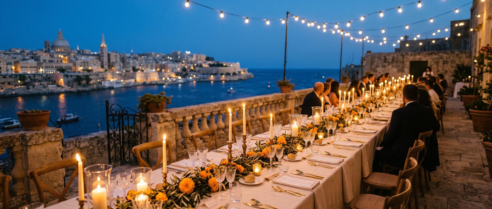 Candlelit wedding banquet on a limestone terrace at blue hour