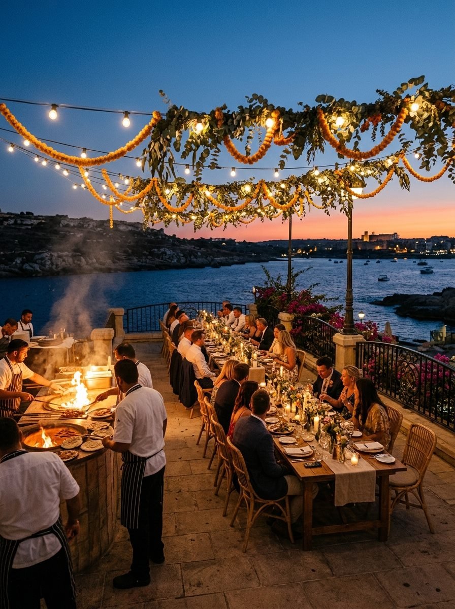 Alfresco promenade wedding tables under festoon lights at dusk