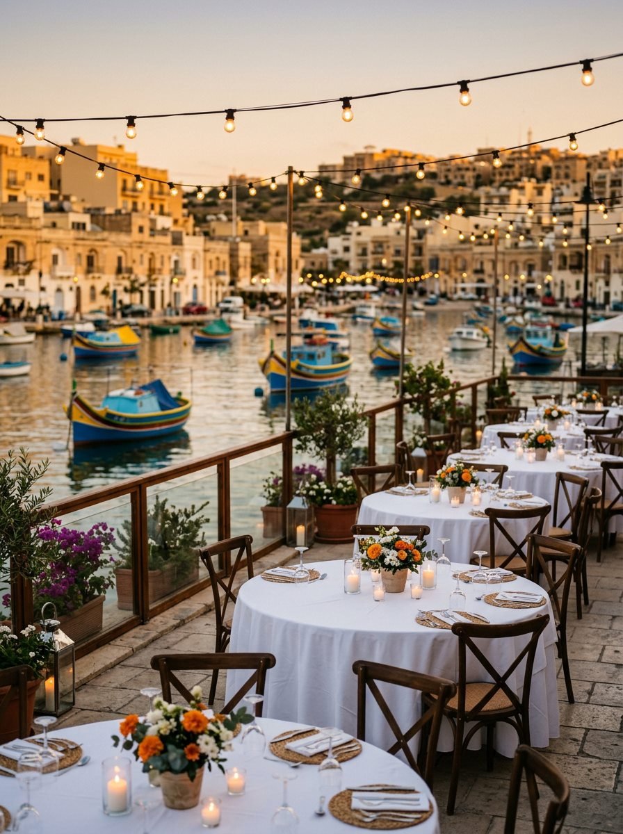 Waterfront terrace set for a wedding dinner on Spinola Bay