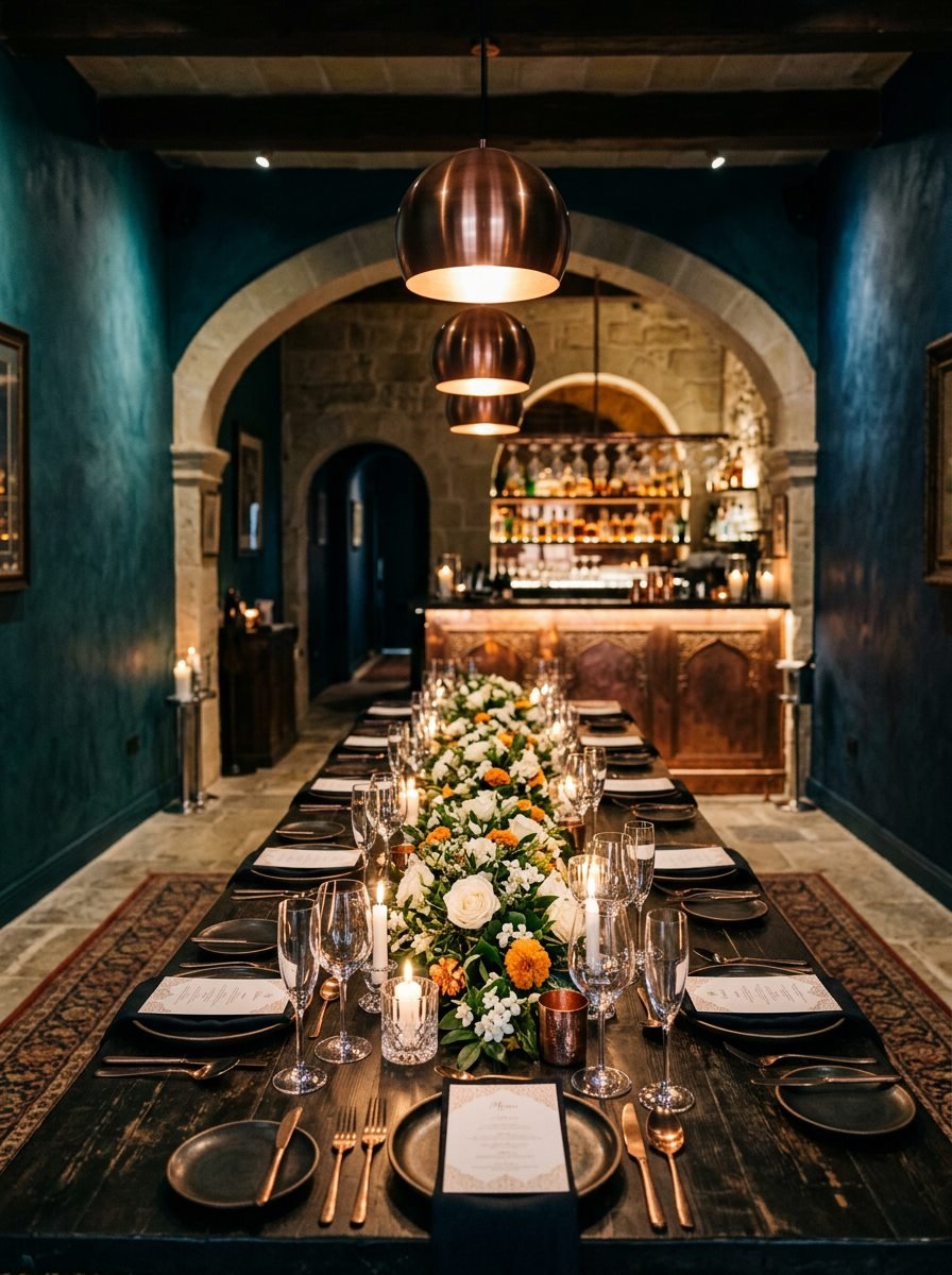 Candlelit private dining room dressed for a wedding